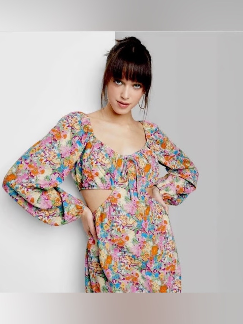 wild fable Multicolor Floral mini dress with Puff Sleeves and cut outs